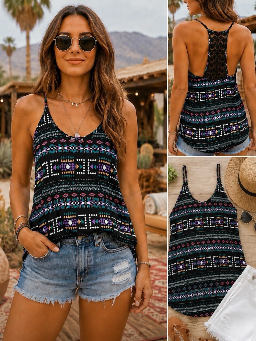 Lush Boho Aztec Tribal Print Crochet Lace Back Tank Top Small Boho Southwestern
